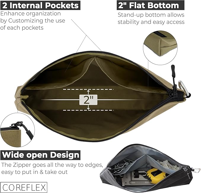 COREFLEX Premium Tool Pouch Zipper Bag, Small Tool Bag, Multipurpose Storage pouch, Heavy duty Flat Bottom Tool bag with YKK Zipper (3 pack Large 12inch)