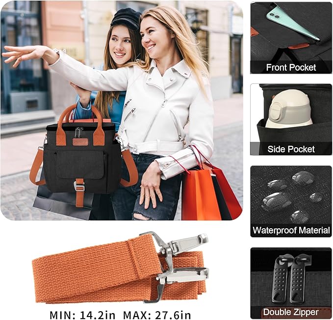 Joymee Insulated Lunch Bag for Women/Men, Waterproof Lunch Box for Office Work Picnic Beach, Reusable Large Leakproof Cooler Tote Bag with Adjustable Shoulder Strap & Side Pocket, Black