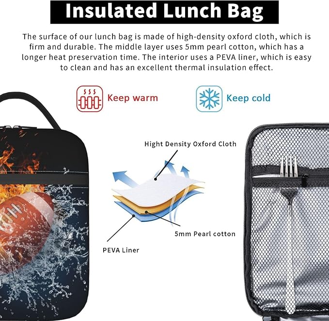 American Football Lunch Bag For Boys Girls, Reusable Fire Water Sport Lunch Box Insulated Portable Lunch Tote For Kids School Men Women Adults Work Travel