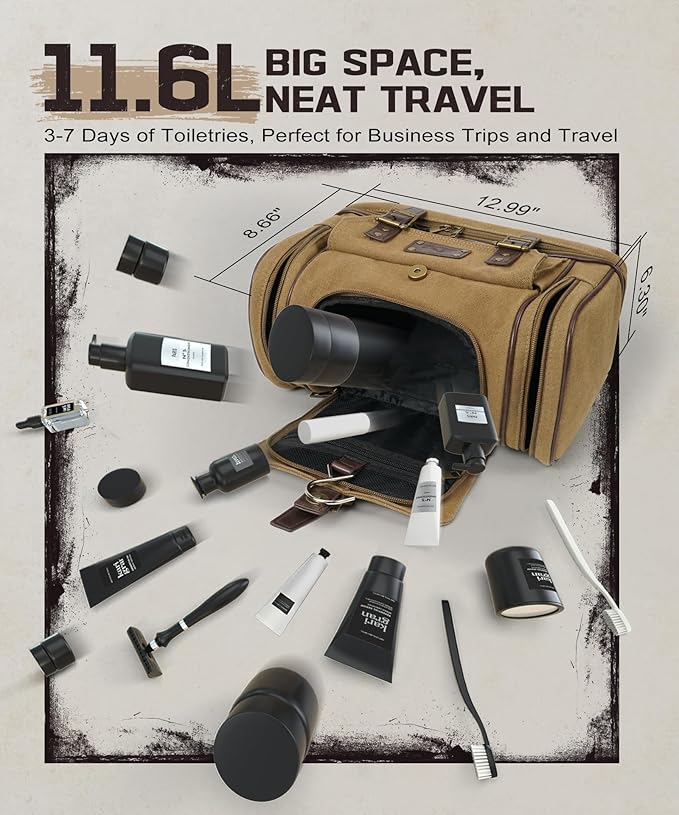 ARCFOX Travel Hanging Toiletry Bag for Men, Vintage Canvas Large Toiletry Bag with 7 Compartments, Camping Gym Travel Toiletry Kit Organizer with PVC Wet & Dry Pockets, Personalized Wash Bag, Brown