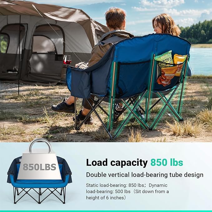 Overmont Oversized Double Camping Chair - 2 Person Comfort Couch Chair Loveseat for Adults - Heavy Duty Lawn Chairs with Cooling Bag&Wine Racks - Support 850LBS Blue