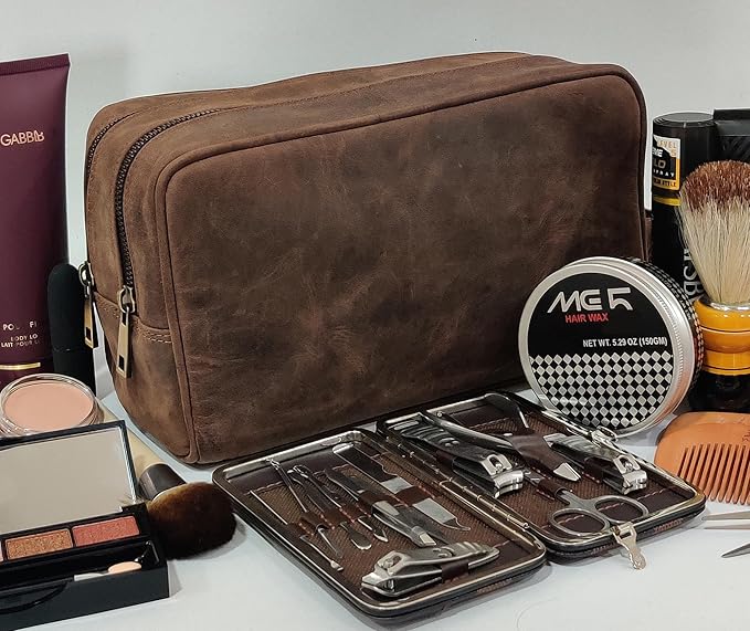 RUSTIC TOWN Full Grain Leather Travel Toiletry Bag - Dopp Kit Organizer (Dark Brown)