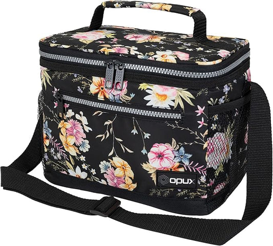 opux Insulated Lunch Box Men Women, Lunch Bag for Work School, Leakproof Soft Cooler Tote Adult, Large Lunch Pail Kids Boys Girls, Picnic Beach Food Bag with Shoulder Strap, Black Floral