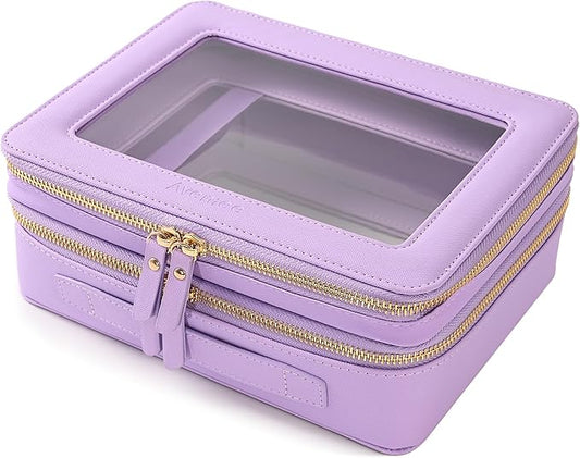 Aveniee Clear Makeup Bags, Double Layer Cosmetic Bags with a Separate Brush Compartment, Large Travel Toiletry Bag Train Case for Women, Travel Accessories Organizer(2 Layers Large, Lilac)