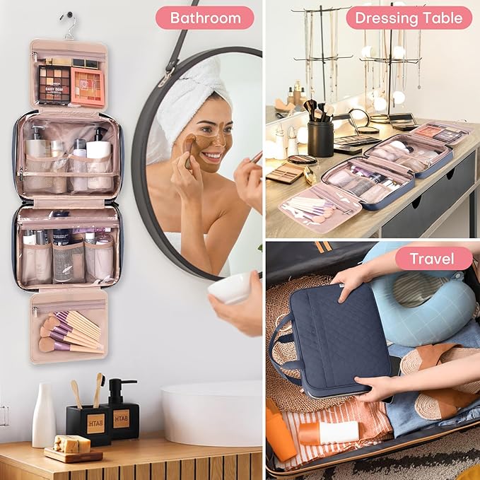 Travel Size Toiletry Bag for Women, Portable Cosmetic Bag with Hanging Hook, Travel Essentials Water-resistant Makeup Organizer for Accessories, Shampoo, Full-size Container, Toiletries