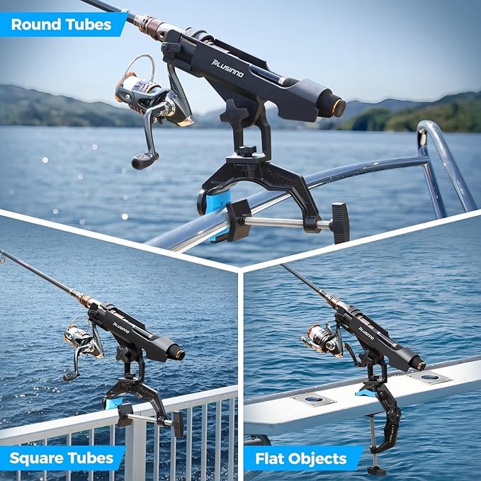 PLUSINNO 1/2/4 Pack Fishing Rod Holders for Boat, Fishing Rod Holder with Enlarge Clamp, Innovative Dual-V Shaped Design, Fit Round/Square Tube Boat Fishing, Fishing Gear, Fishing Gifts for Men