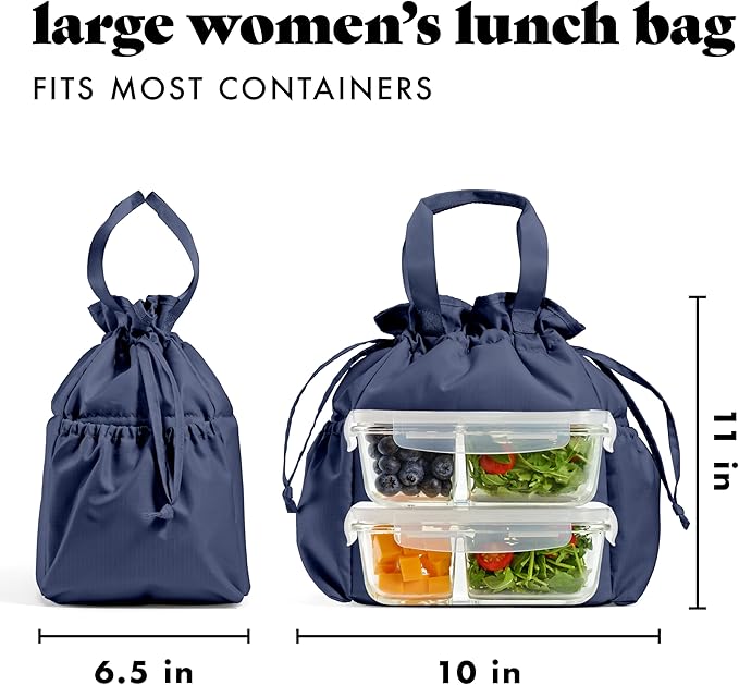 Fit & Fresh Lunch Bag For Women, Insulated Womens Lunch Bag For Work, Stain-Resistant Large Lunch Box For Women With Containers, Cinch Closure Cromwell Bag, Navy