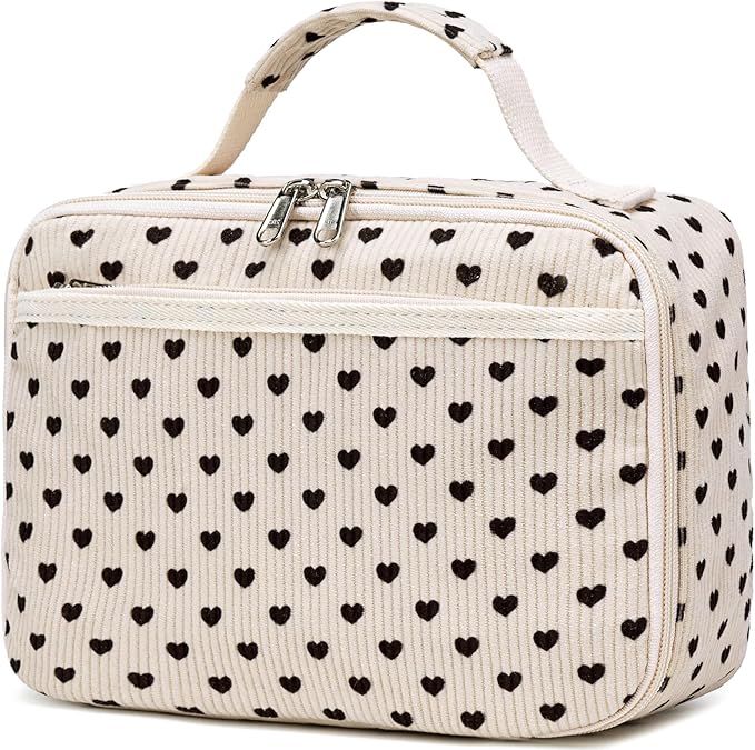 Kids Lunch Box Girls Corduroy Insulated Lunch Cooler Bag Reusable Lunch Tote Kit for School Travel(Heart)