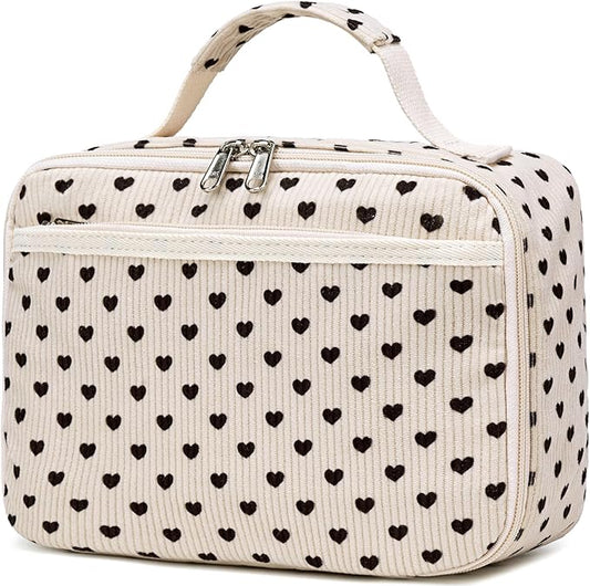 Kids Lunch Box Girls Corduroy Insulated Lunch Cooler Bag Reusable Lunch Tote Kit for School Travel(Heart)