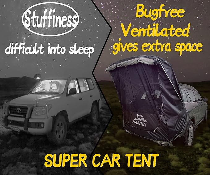 Hasika SUV Camping Tent Car Tailgate Shade Awning with Screen Net Waterproof 3000MM UPF 50+ Black (Small)