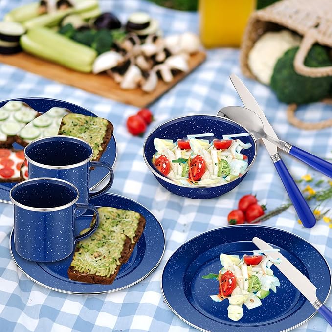 Nuogo 12 Pcs Enamel Camping Tableware Set Camping Complete Dinnerware Kit Coffee Mugs Plates Bowls Utensils Set with Knife Fork Spoon for 2 People Hiking Picnic(Blue)