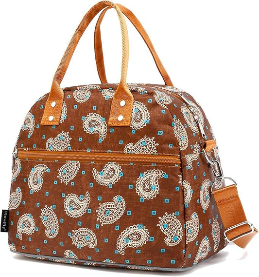 FlowFly Insulated Lunch Bag With Shoulder Strap for Women, Men, and Kids, Large and Reusable, Handle, Freezable Work and School Travel Tote and Meal Prep Organizer,Cashew