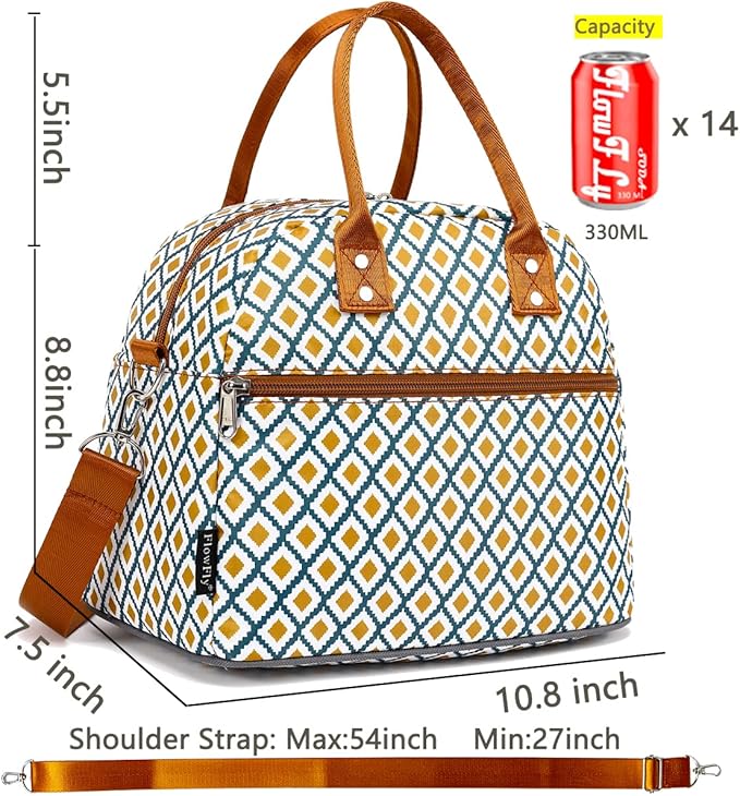 FlowFly Insulated Lunch Bag With Shoulder Strap for Women, Men, and Kids, Large and Reusable, Handle, Freezable Work and School Travel Tote and Meal Prep Organizer,Square