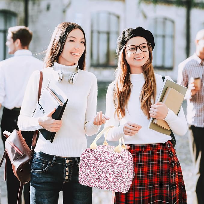 Cotton Quilted Insulated Lunch Bag, Cute Quilted Floral Lunch Tote Bags Reusable Insulated Lunch Box Coquette Aesthetic Large Capacity Insulated Cooler for Women Men Work Travel Picnic (Red)