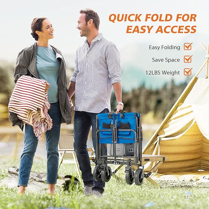 Sweetcrispy Foldable Wagon Cart, Collapsible Large Capacity Garden Cart with Wheels, Heavy Duty Utility Grocery Wagon with Drink Holders for Shopping Sports Camping