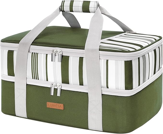 Double Decker Insulated Casserole Carrier for Hot or Cold Food, Lasagna Holder Tote for Potluck Parties/Picnic/Cookouts, Fits 9"x13" Baking Dish, Dark Green