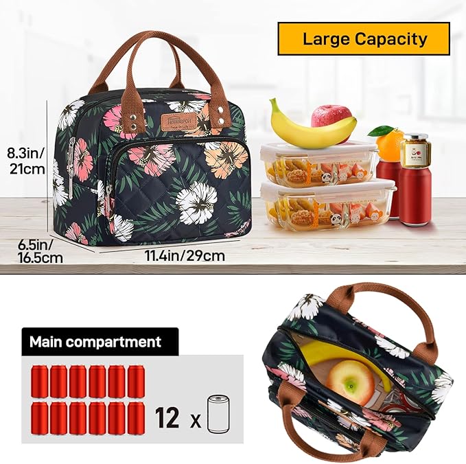 Buringer HOMESPON Lunch Bag for Woman Man Adults with Front Pocket Insulated Lunch Tote Lunch Box Container for Work Picnic or Travel（Green Leaves）