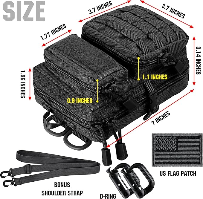 bvya Tactical Molle EDC Utility Pouch Compact Tool Pouch Mini Waist Bag Crossbody Backpack-Design Phone Pouch with Shoulder Strap Flag Patch and D-Rings