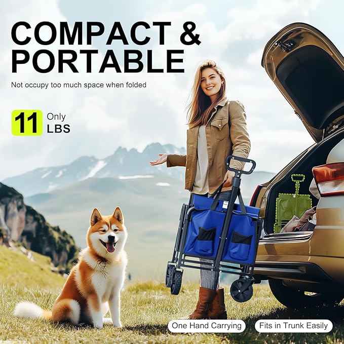 Collapsible Wagons Carts Foldable with Extended Tailgate, Folding Cart on Wheels, Portable Heavy Duty Shopping Carts for Groceries, Apartment, Garden, Camping, Fishing, Outdoor (Blue)