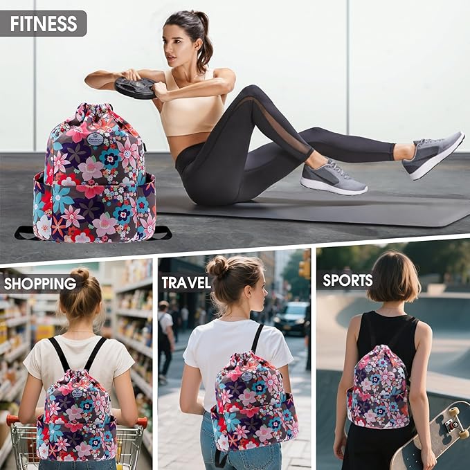 HUA ANGEL Floral Print Drawstring Bag - Lightweight Waterproof Cinch Sackpack with Side Pocket for Men & Women Travel Gym Bag