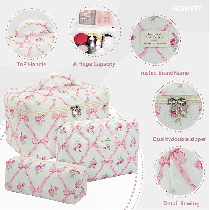 Makeup Bag,Quilted Cosmetic Bag,Large Floral Make Up Bag for Women,Cotton Makeup Bag Set,Flower Travel Toiletry Bag