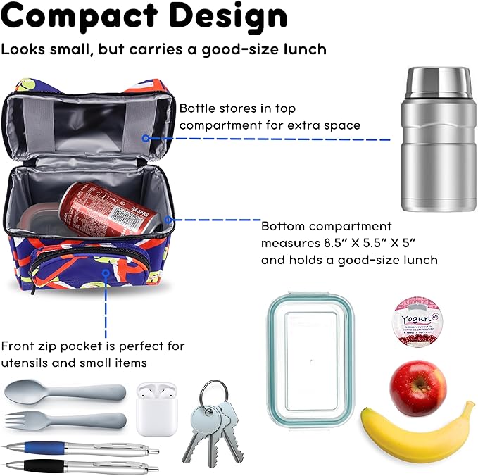 J World Corey Kids Lunch Bag. Insulated Lunch-Box for Boys Girls, Tennisy