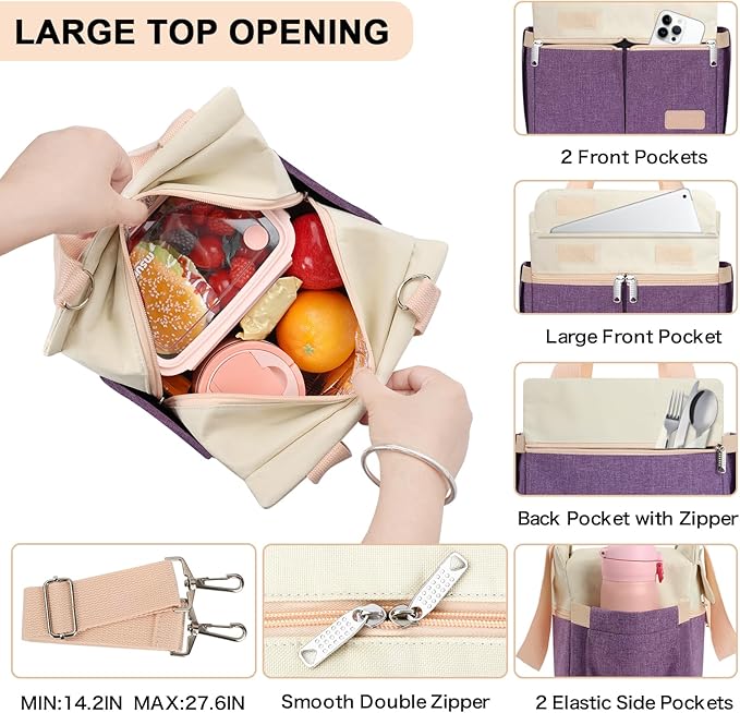 Joymee Lunch Box for Women Insulated Lunch Bag with Shoulder Strap Reusable Leakproof Large Spacious Lunch Cooler Tote for Women Adult with Bottle Holder and Side Pockets for Work Picnic - Purple