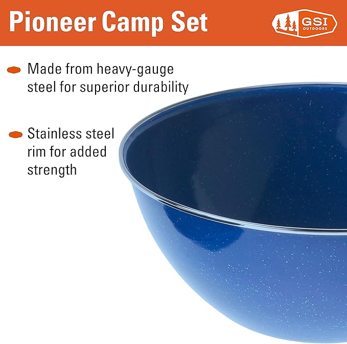 GSI Outdoors Camp Dinnerware Set I 4-Person Set Includes Pioneer Enamel Percolator, Frypan, Kettle, Bowls, Plates & Coffee Mugs