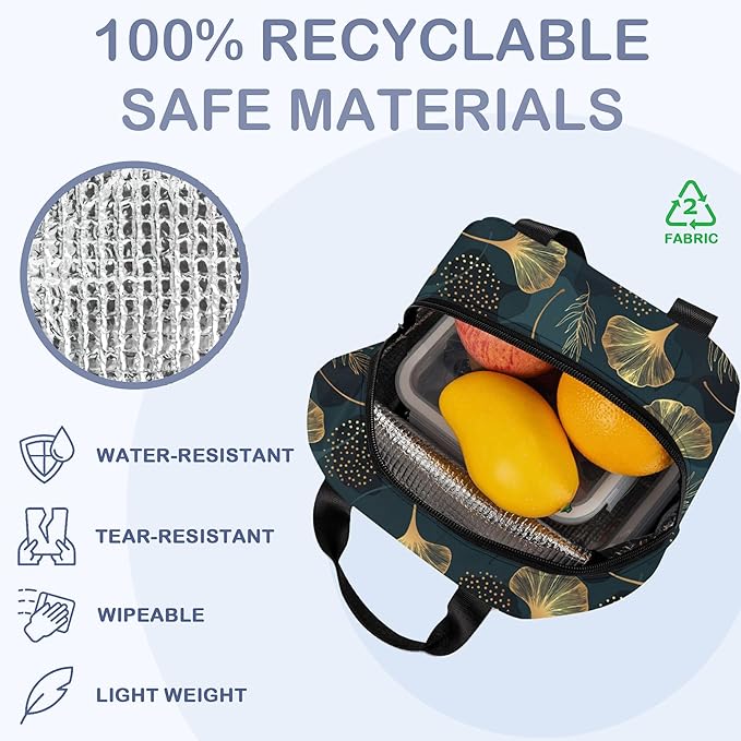 Golden Gingko Leaf Leaves Insulated Lunch Bag Reusable Lunch Box Women Men,Cooler Thermal Meal Tote for Kids School Student Picnic Office Work