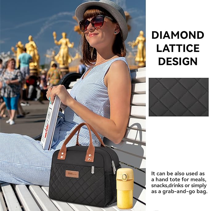 HOMESPON Insulated Lunch Bag for Women Men Adults Lunch Tote with Front Pocket Lunch Box Container Cooler Bag for Work Picnic (Black with Side Pockets)