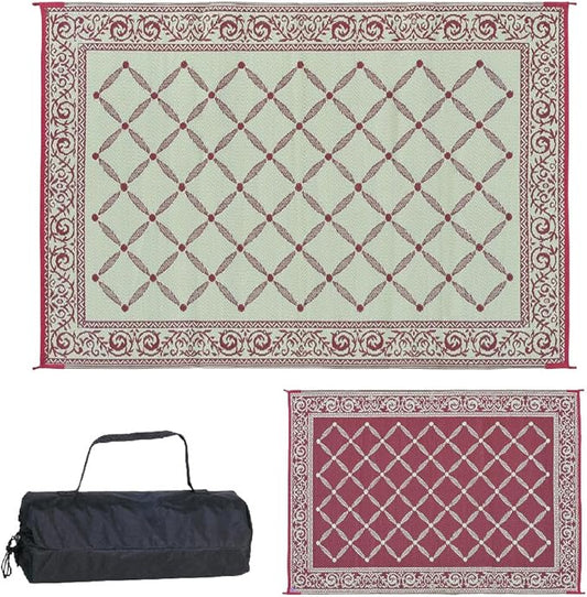 Stylish Camping 116095 6-feet by 9-feet Reversible Mat, Plastic Straw Rug, Large Floor Mat for Outdoors, RV, Patio, Backyard, Picnic, Beach, Camping (Burgundy/Beige)