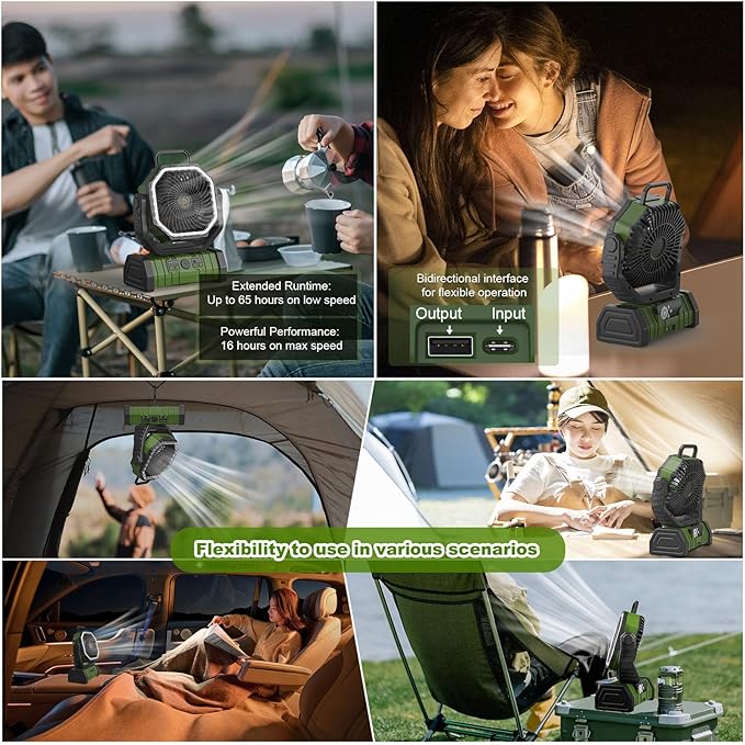 20000mAh Portable Camping Fan with LED Light, Rechargeable Battery Powered Oscillating Fan with Remote & Hook,Timer, 65HRS Running, 4-Speed for Travel, Tent, Room, Car, Picnic, Fishing (Green)