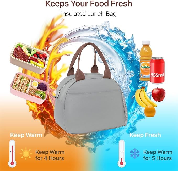 Bagseri Lunch Box for Women - Adult Lunchboxes for Men Reusable Leakproof Thermal Cooler Sack Food Handbags Case High Capacity for Work and Picnic (Gray)