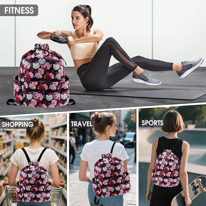 HUA ANGEL Floral Print Drawstring Bag - Lightweight Waterproof Cinch Sackpack with Side Pocket for Men & Women Travel Gym Bag