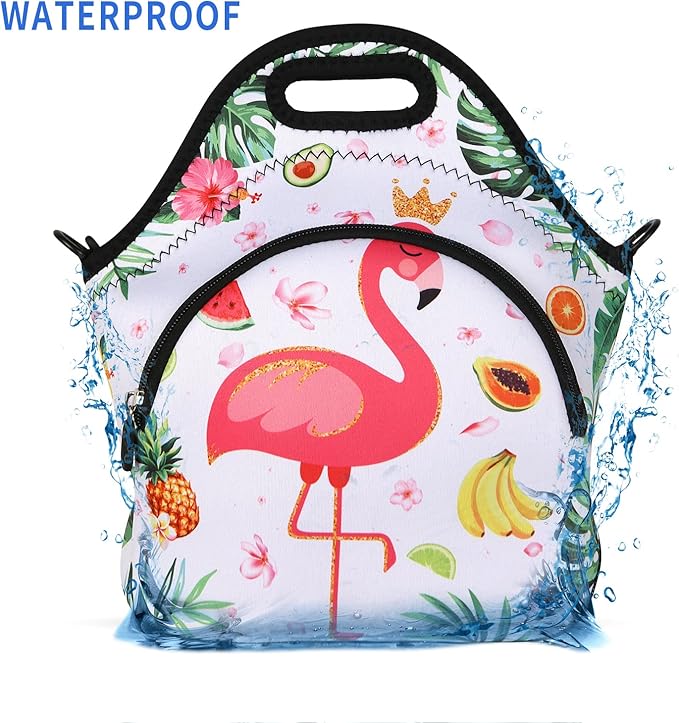 Violet Mist Neoprene Lunch Bag Reusable Insulated Cartoon Flamingo Snack Bags Animal Work Picnic Travel Tote Food Handbags, Unisex, 12.6"L x 11.8"H x 6.13"W