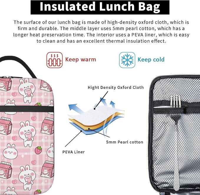 Bunny Milk Lunch Box Reusable Insulated Lunch Bag Thermal Cooler Tote For Boys Girls Teen School Men Women Picnic Travel Hiking