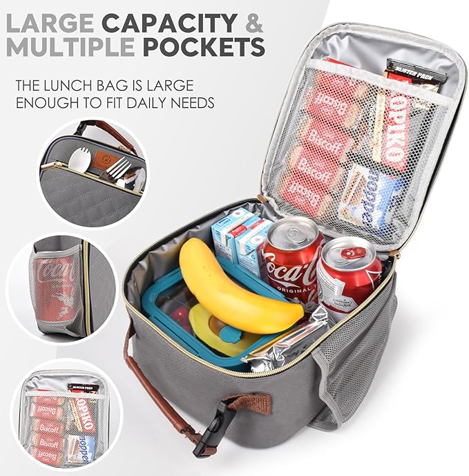 Lunch Box Reusable Lunch Bag for Men Women Kids Adults,Insulated Lunch Bag Waterproof Lunch Box Cooler,Small Lunch Box With Side Pockets for Work Office School Travel Picnic -Gray