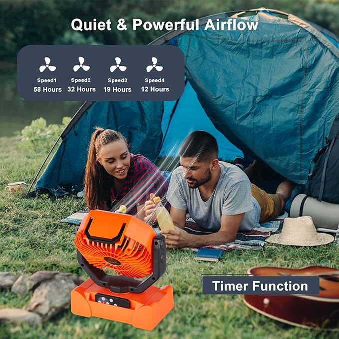 Rechargeable Fan,Operated Camping Battery Powered Fan with Hook&Bright LED Light,Remote Control Timer Auto Oscillation Cordless for Outdoor Power Outage,Tent,Picnic,Barbecue,Fishing,Travel,Home