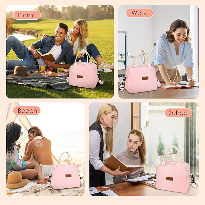 LOKASS Lunch Bag for Women-Insulated Adults Lunch Box with Front Pocket- Small Cute Lunch Tote for Work-Reusable Cooler Bag for Office Picnic Beach or Travel（pink）