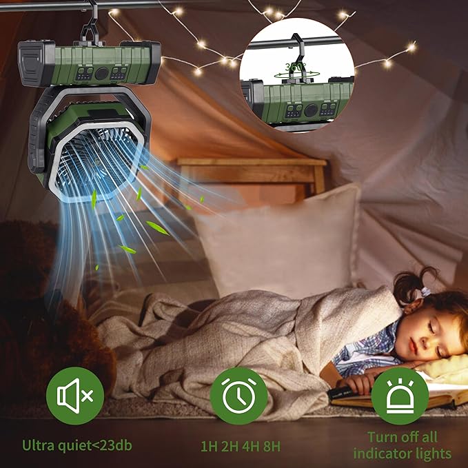 Rechargeable Operated Camping Battery Powered Fan with Hook&Bright LED Light,Remote Control Timer Auto Oscillation Cordless Outdoor Fan for Power Outage,Picnic,Barbecue,Fishing,Travel,Jobsite,Home