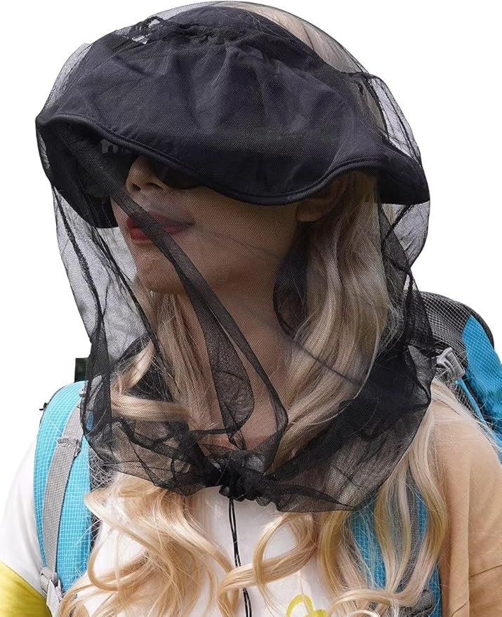 wohohoho Mosquito Head Net Mesh with Drawstring, Bug Face Netting for Hats, Mesh Face Shield for Men & Women Screen Net for Any Outdoor Lover Midges, Bugs & Gnats (4 Packs, Black Colors, Updated Size)