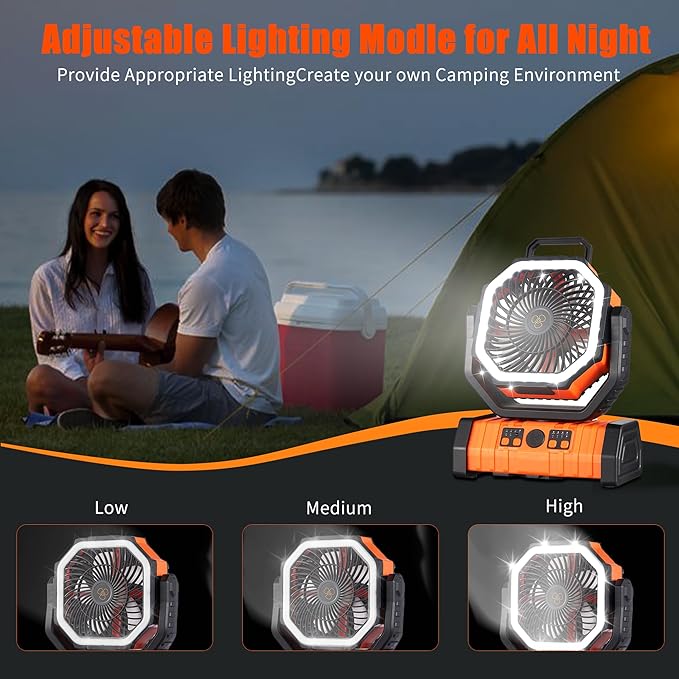 Rechargeable Fan,Operated Camping Battery Powered Fan with Hook&Bright LED Light,Remote Control Timer Auto Oscillation Cordless Outdoor for Power Outage,Picnic,Barbecue,Fishing,Travel,Jobsite,Home