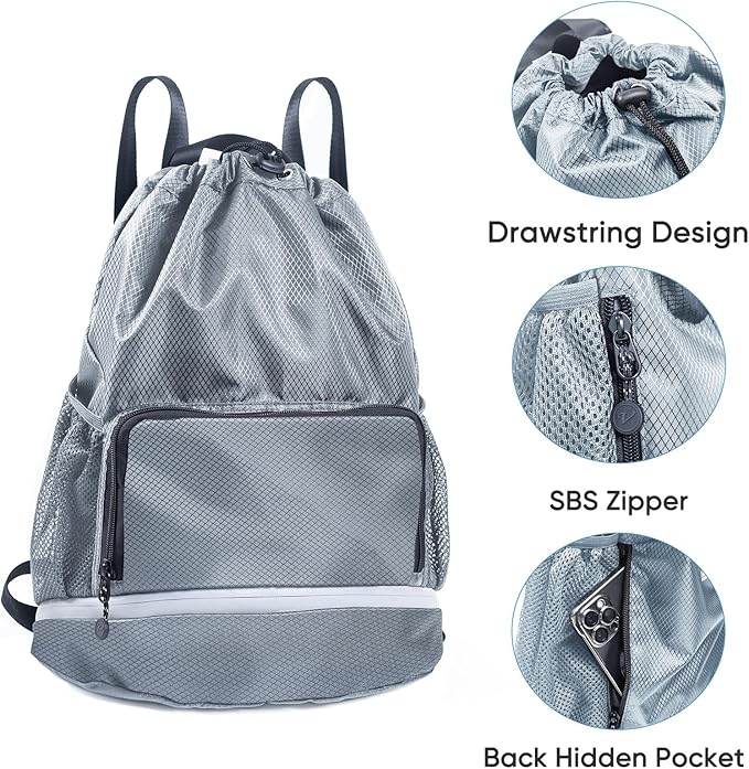 Swim Bag Beach Backpack Sports Drawstring Backpack - Gym Bag with Shoes Compartment and Waterproof Pocket for Gym Accessories, Swim Essentials - Kids Swim Backpack Mens Beach Bag, Workout Bag
