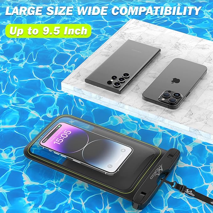 MoKo Floating Waterproof Phone Pouch - 9.5" Large Clear Phone Water Protector Pouch Dry Bag Case with Lanyard, Compatible for iPhone 14 13 12 Pro Max, Galaxy S23 S22 Ultra, 2 Pack Black+Mint Green