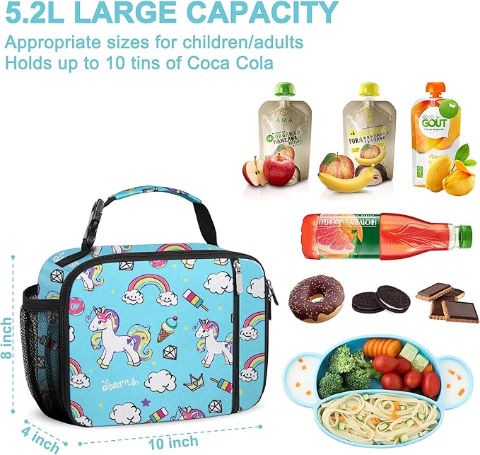 esouler Lunch Box Kids Insulated Lunch Bag for Boys & Girls Durable Children Lunchbox for School with Water Bottle Holder-Blue Unicorn