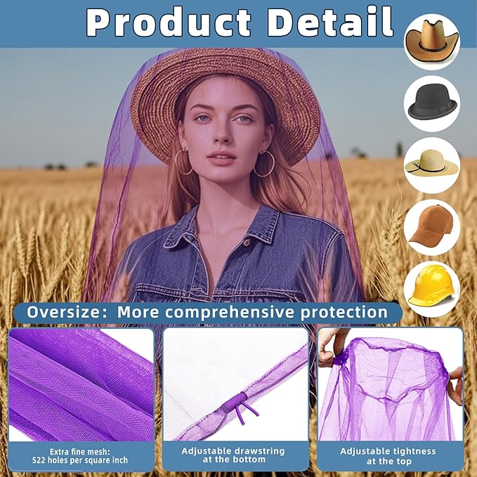 Oversized Mosquito Net 42 x 25 Inches Ultra Large Mosquito Head Net Face Neck Fly Mesh Netting Fits All Hats for Outdoor Camping Hiking Fishing Gardening Safari(Purple)