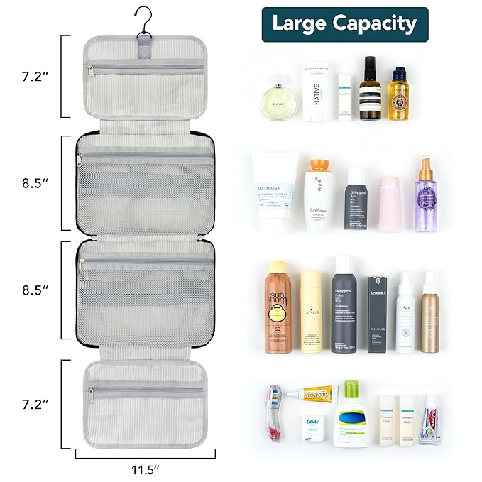 PAVILIA Hanging Toiletry Bag Travel Bag Women Men, Foldable Cosmetic Organizer, Roll up Makeup Bag, Water Resistant Accessories Toiletries, Large Travel Essentials Kit (Black Chevron)