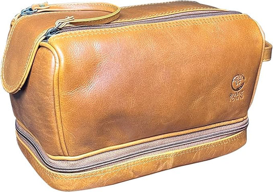 RusticTown Leather Toiletry Bag for Men - Travel Shaving Dopp Kit - Bathroom Shower Toiletries Organizer - Cosmetic Make up Bag for Women