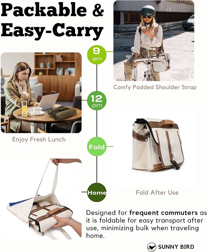 SUNNY BIRD 15L Insulated Lunch Bag with Foldable and Leakproof Design, Thermally Insulated, Shoulder Strap for Women, Men (Classic Ivory)