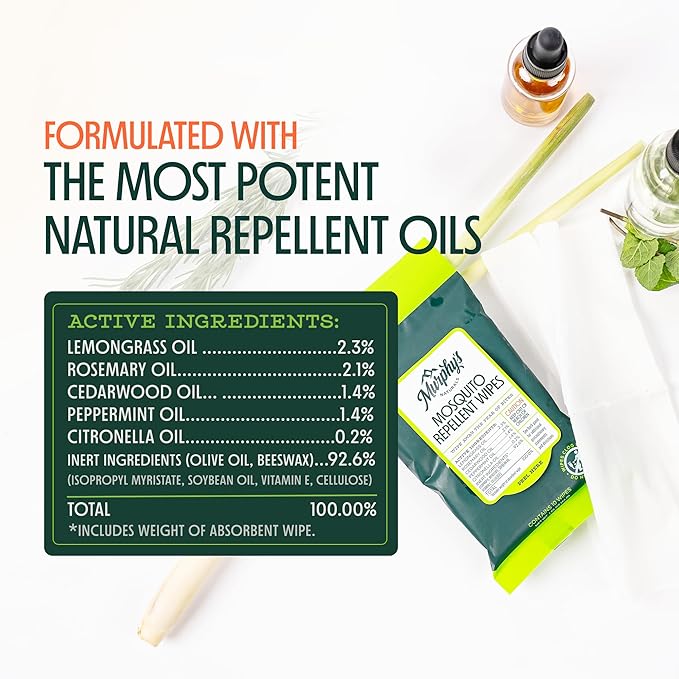 Murphy’s Naturals Mosquito Repellent Wipes, Plant-Based with Lemongrass & Rosemary Oil, Fast-Absorbing & Travel-Friendly, DEET-Free, 10 Wipes, 1-Pack